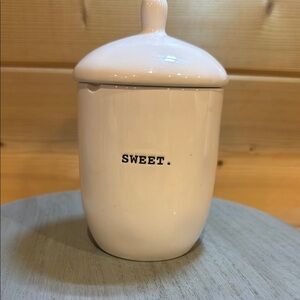 White Ceramic Jar with Lid “sweet” - has a broken‎ piece check photos